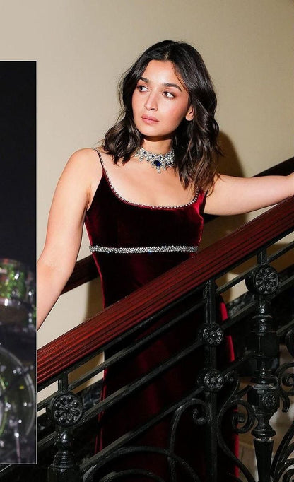 Aliya Bhatt Maroon colour Velvet Gown